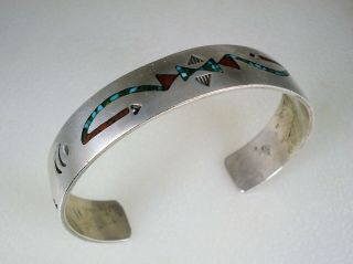 Old Navajo Stamped Sterling Silver & Turquoise Coral Inlay Bracelet