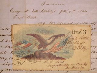 1862 Civil War Battle Of Shiloh Soldier Letter Eagle & Flag Cover Due 3 Fd1 - 1