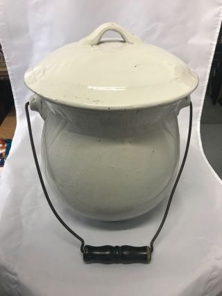 Antique Iron Stone Porcelain Chamber Pot W/metal Handle - Star On Bottom