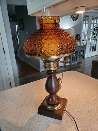 Vintage - Mid Century Modern Hurricane Glass Electric Lamp With Wood Base