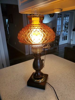 Vintage - Mid Century Modern Hurricane Glass Electric Lamp With Wood Base 2
