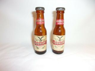 2 Vintage Miniature Koehlers Glass Beer Bottle Salt Shakers Erie Pa