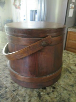 Antique Primitive Stave Firkin Wooden Bucket With Lid And Bail Handle