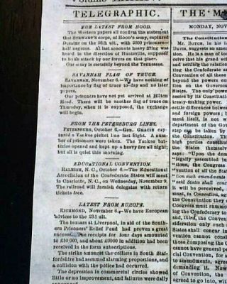 Rare Confederate Charleston Mercury Sc Civil War Atlanta Campaign 1864 Newspaper