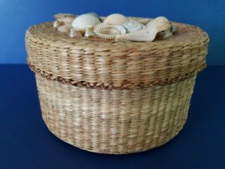 Vintage Hand Woven Sweet Grass Round Basket and Lid Sea Shells Trinket Box 6x3 