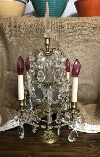 Vintage Hollywood Regency Crystal Chandelier Candelabra Table Lamp W/ Prisms