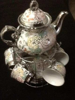 13 Pc Tea Pot 6 Cups Saucers W/ Rack Silver Multi 3 Oz Cup Teapot