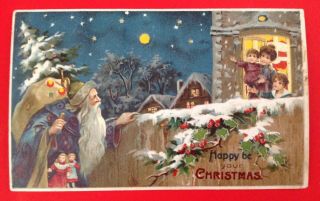 Vintage Hold - To - Light Santa Postcard - Santa At Fence,  Woman & Children In Window