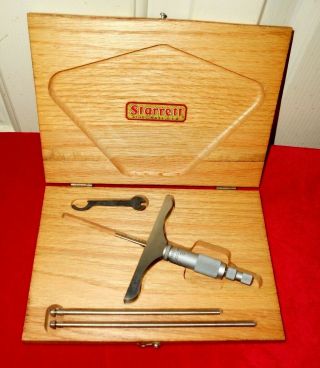 Vintage Starrett No.  445 Micrometer Depth Gauge In Wood Box