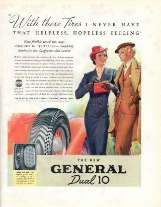 1936 Vintage Print Ad Tire General Dual 10 Ladies That Helpless Hopeless Feeling