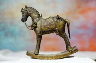 Antique Rare Rocking Wooden War Horse With Armored Brass Copper Inlay