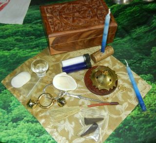 Wicca Altar Set Carved Wood Box Incense Bell Censer Wand Besom Pentacle More