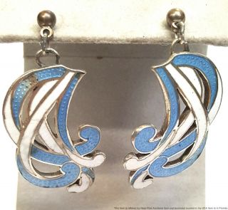 Margot De Taxco Vintage Art Deco Swirl Sterling Silver Enamel Dangle Earrings