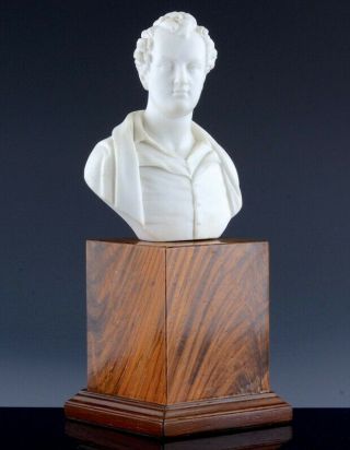 Great Victorian Parian Bisque Porcelain Bust Of Unknown Gentleman On Wood Stand