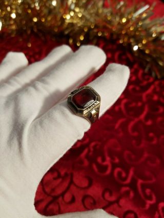 Antique Vintage Art Deco Sterling Silver & 10k Gold Red Stone Men ' s Ring Size 8, 3