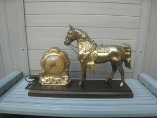 Vintage Brass Mantel Horse Clock On Wooden Base 315 United