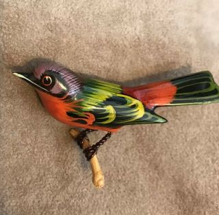 Vintage Takahashi Red Hand Painted Carved Wood Bird Pin Japanese Internment Art
