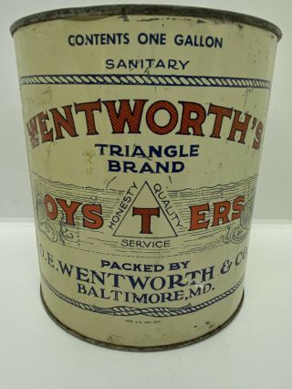 Vintage Wentworth’s Triangle Brand Oysters Advertising Tin Can Baltimore,  Md.  45