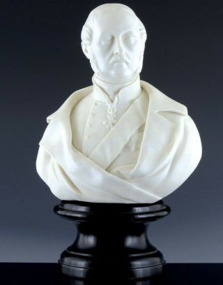 Large Antique White Parian Bisque Bust Of German Gentleman W War Medal On Stand