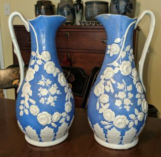 Pair Antique Relief Molded Porcelain Ewers 19th C American Or English