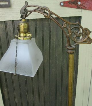 Antique Cast Iron Bridge Floor Lamp W Glass Shade