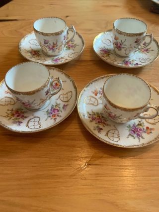 Set Of Four Dresden Flowers Demitasse Cups And Saucers Hand Painted Antique