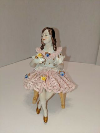 Dresden Lace Young Girl Sitting In Chair - Marked Porcelain Figurine