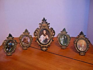 Vintage Set Of 5 Small Plastic Gold Tone Oval Frames W/pictures Hang Or Stand