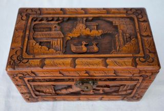 Old Vintage Antique Carved Wood Pictorial Scene Chinese Box Chest 6 " X 10 " X 6 "
