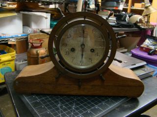 Vintage Waterbury Brass Ship Wheel Clock Shelf Jeweled Movement Mantel