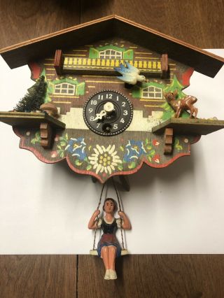 Vintage Miniature German Chalet Cuckoo Clock With Lady On Swing.  Parts
