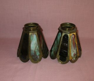 Antique Pair Small Slag Glass 8 Panel Lamp Shades American Arts & Crafts 5.  25 "