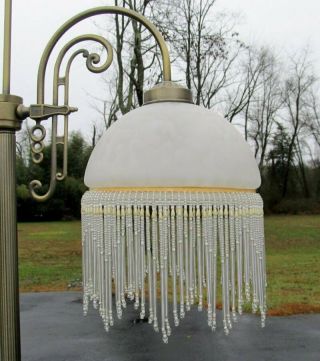 Vintage Opal White Glass Victorian Style Beaded Fringe Bridge Lamp Shade 8 "