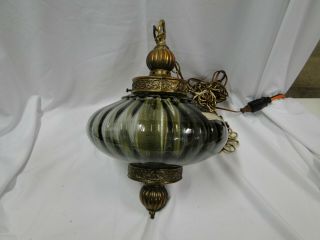 Vintage Mid Century Green Glass Globe Hanging Swag Lamp Light With Diffuser