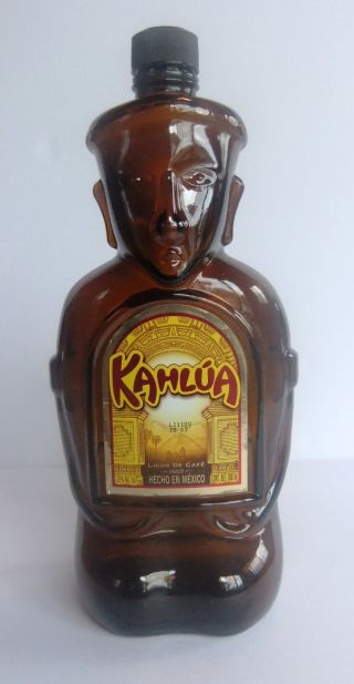 Vtg Kahlua Glass Tiki Liquor Bottle Aztec Mexico Heritage Edition 980 Ml Empty