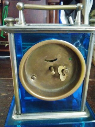 carriage clock.  1930 ' s vintage in rare crystal blue glass case 2
