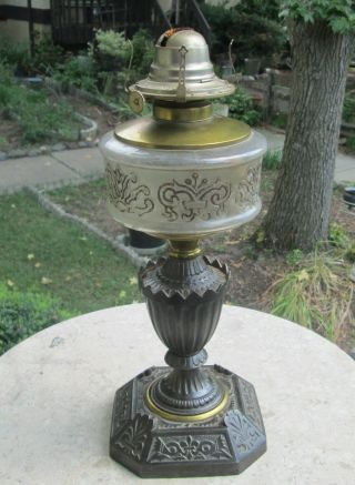Antique Figural Oil Lamp,  Cast Iron Urn & Base Pressed Gass Font 13 "