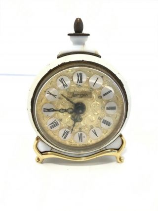 Vintage German Wind Up Alarm Clock By Jerger 1950s/1960s White & Gold