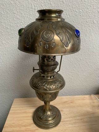 Brass Vintage Oil Lamp With Brass Jeweled Shade.