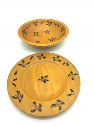 Munising Wooden Bowl And Plate Set Christmas Holly & Berries 1950 