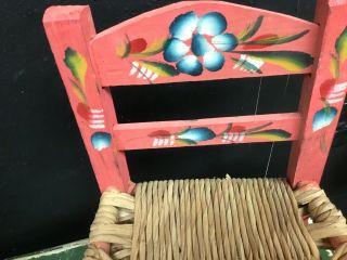 Vintage Mexican Folk Art Child ' s Chair Red Painted Rush Seat Floral Mexico 2