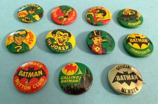 Batman 1 Inch Buttons - 1966 Near Set Of 11/15 Joker Riddler Penguin Batmobile