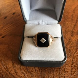 Vintage 10k Yellow Gold Mens Black Onyx Ring With Diamond Chip,  Size 10