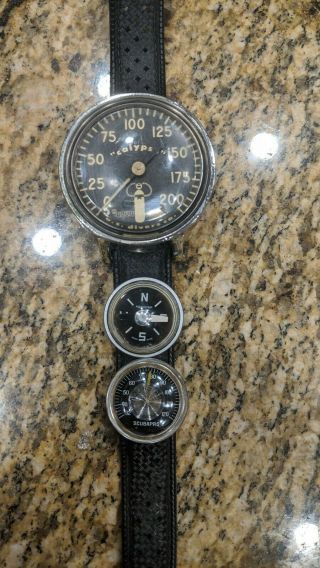 Vtg Divers Bracelet Calypso Aqua Lung,  Scubapro Thermometer,  Aquastar Compass