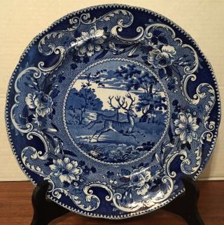 Antique Dark Blue Staffordshire Transferware Plate Running Deer 1820 - 60