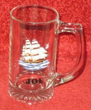 Bnwot - Glass Tankard/mug,  Coloured Picture Sailing Ship And Name Joe Printed