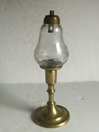 Antique American Cut Glass Whale Oil Peg Lamp Font Brass Candlestick Base 19thc