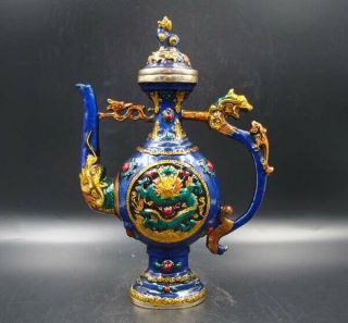 Handmade Carving Statue Brass Cloisonne Coloured Drawing Teapot