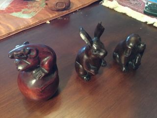 Set Of Three Hand Carved Wood Netsukes Mouse,  Rabbit,  Dog
