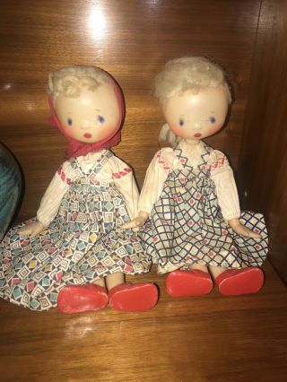 Vintage 2 Polish Strung Doll Poland Plastic 1940s Hand Painted Girls
